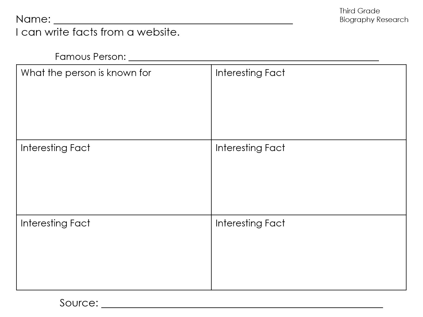 bio1 Famous person note sheet with six empty boxes for students to write interesting facts